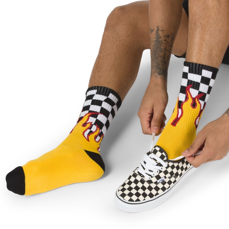 Vans Flame Check Crew Sock מידה 9.5-13 שחור-לבן צ'ק-להבה