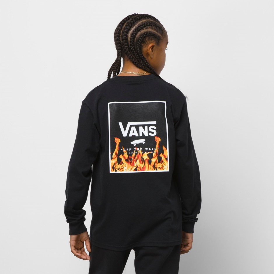 Vans ילדים עם הדפס קופסא אחורית חולצת טי שרוול ארוך שחור-שחור-לבן