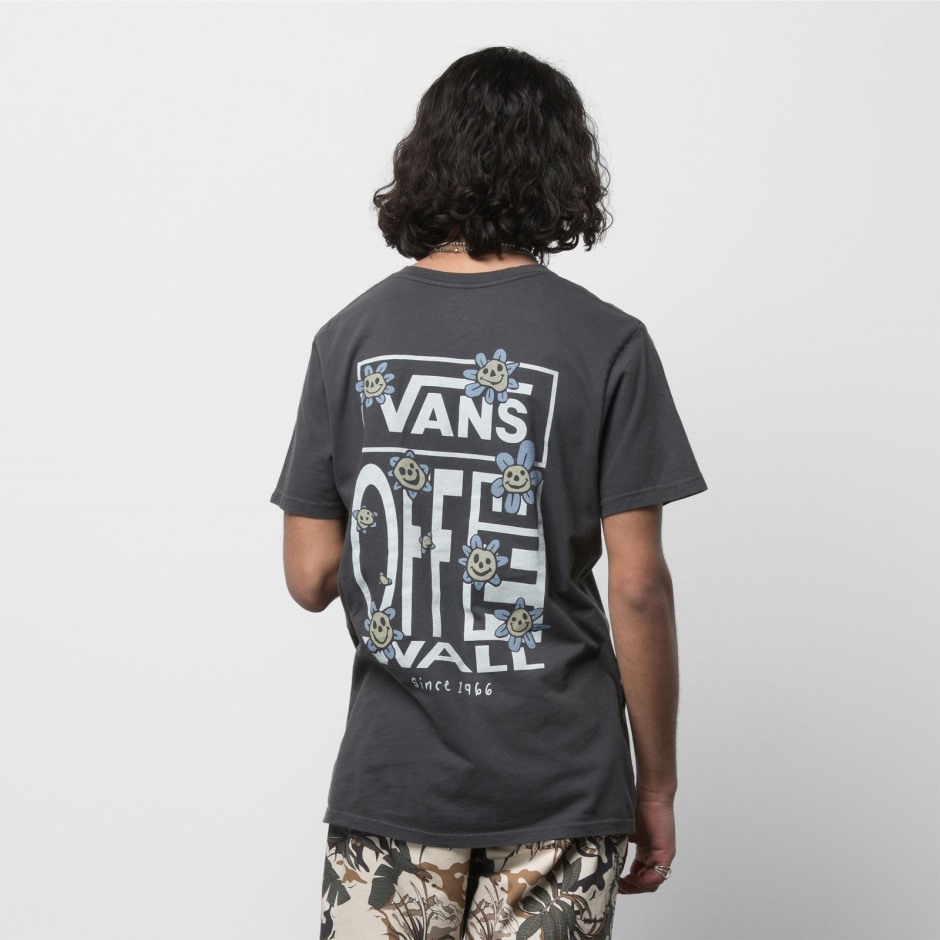 Vans טריפי חיוך פרחוני חולצת טריקו שחורה לגברים