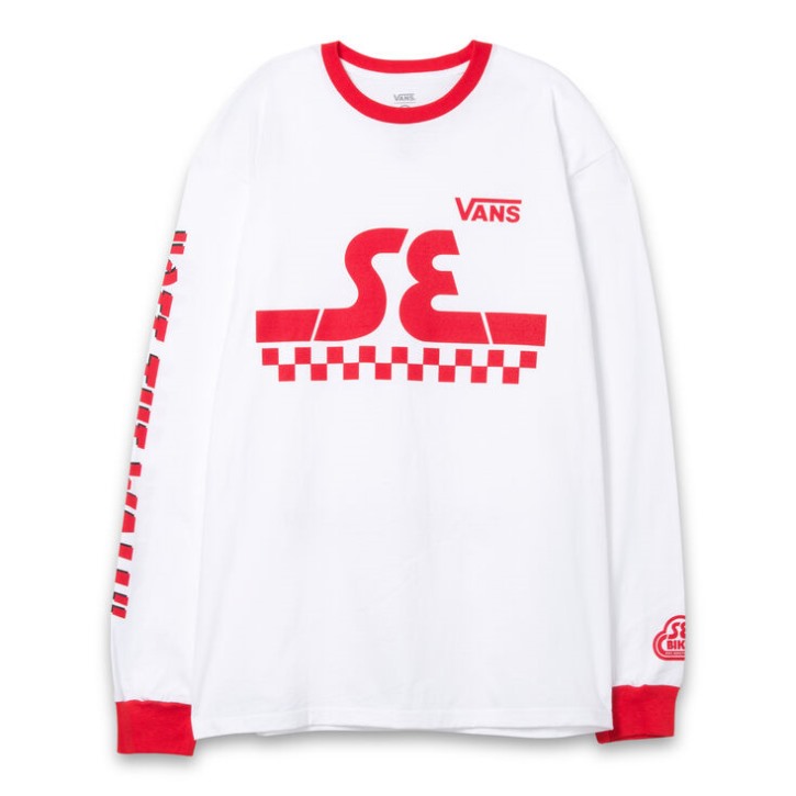 Vans X Se Bikes חולצת טריקו ארוכת שרוולים לבנה-אדום בסיכון גבוה