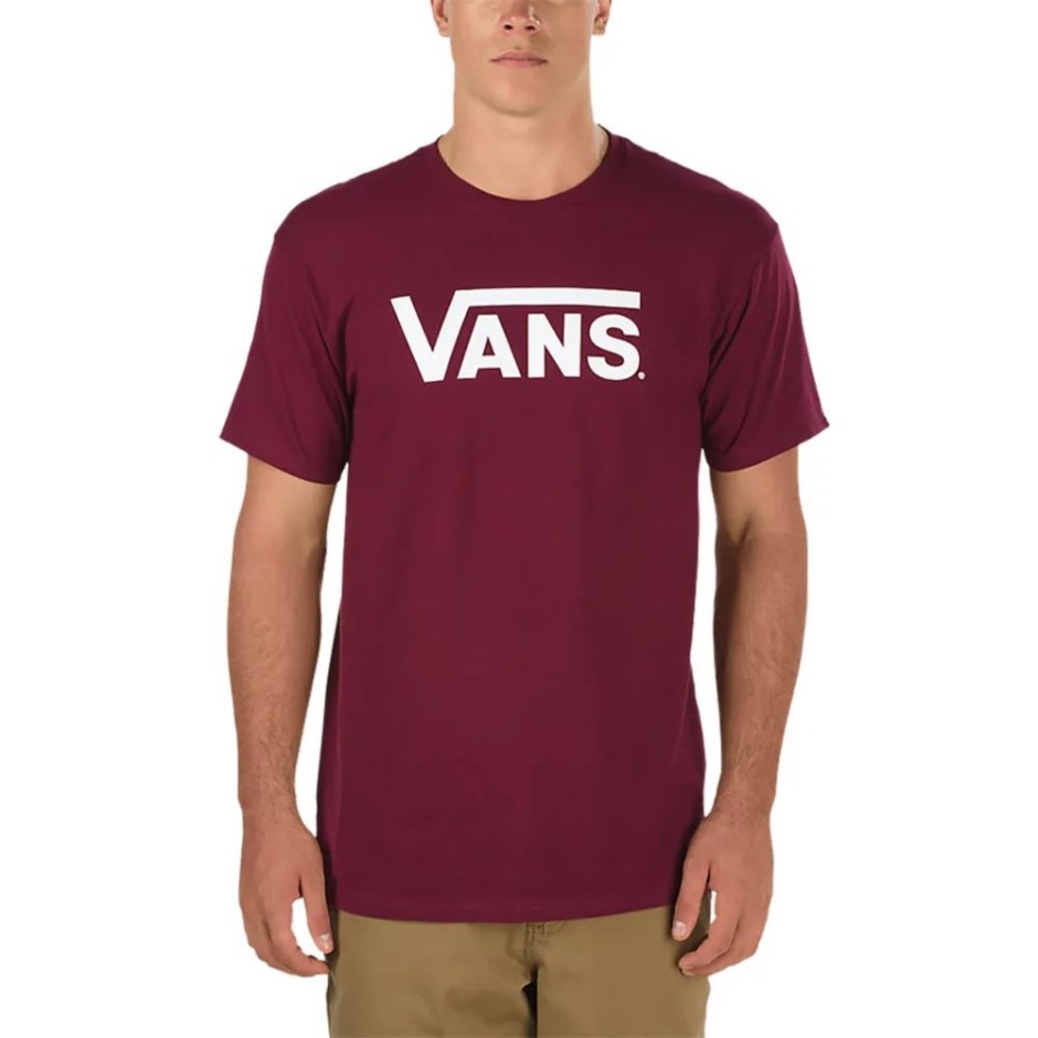 Vans חולצת טריקו קלאסית לגברים עם שרוולים קצרים עם צווארון עגול כותנה גרפיקה בורדו-לבן