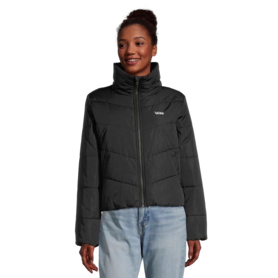Vans Women's Foundry V Puffer מעיל חורף קצר מבודד סינטטי דוחה מים ספוט נמר